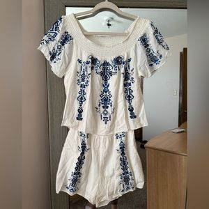 PARKER (S-M) white/blue embroidered off shoulder jumpsuit romper